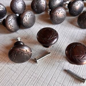 Set of 14 Amrock Rubbed Bronze Hardware Knobs with Laurel Leaf Design